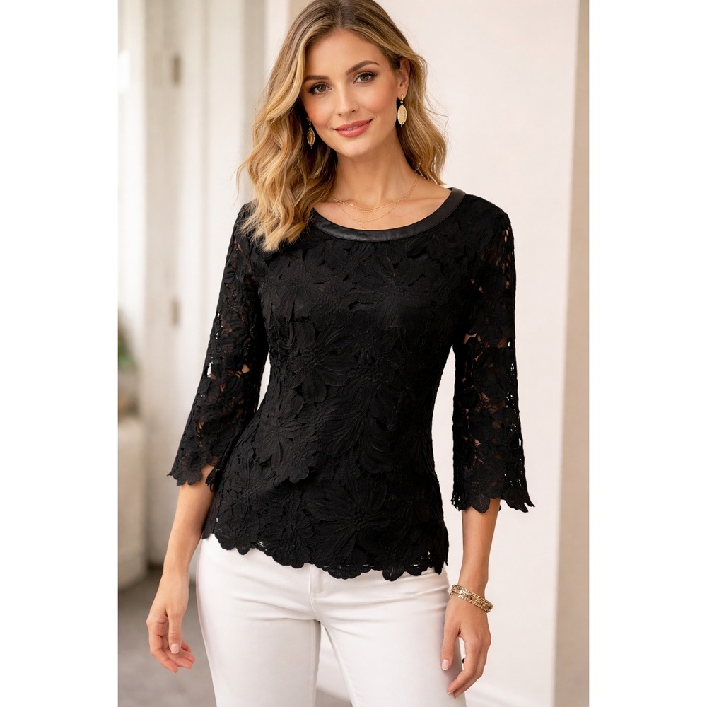 DO+BE Womens Black‎ Floral Lace Blouse Faux Leather Trim 3/4 Sleeve Size L